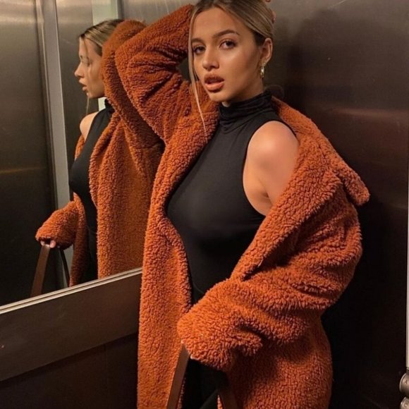 5🌟 Autumn Goalz Rust Teddy Faux Fur Duster Jacket - Picture 3 of 15